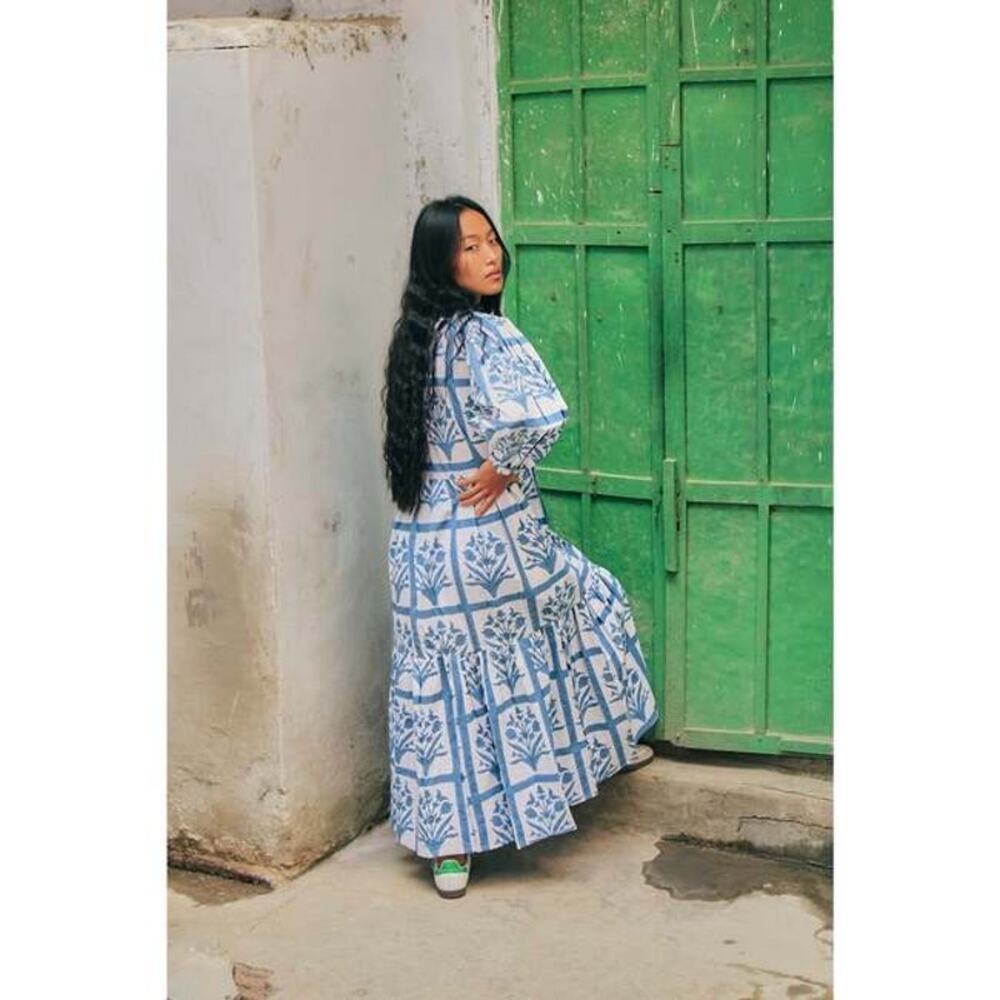 SZ BLOCKPRINTS Blue White Floral 100% Cotton Long Sleeve Orti A-Line Dress Small - Picture 4 of 16